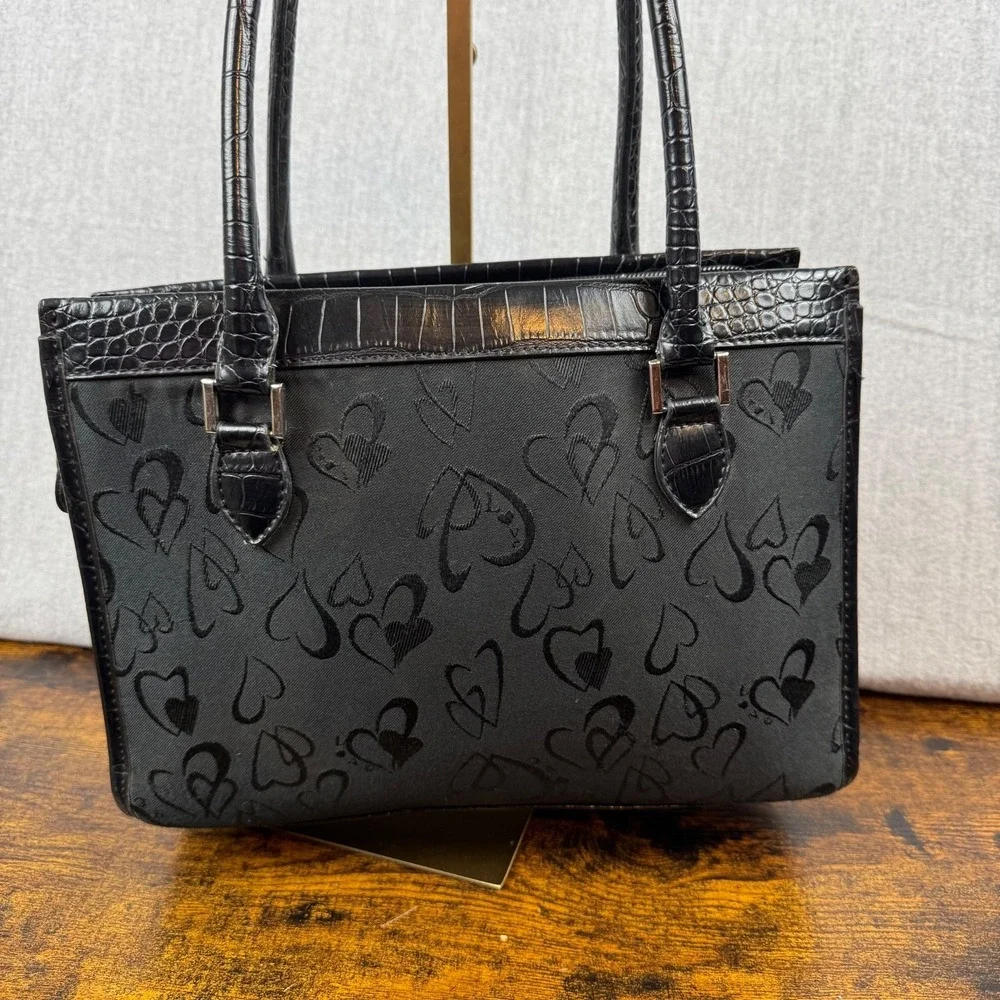 Love Shoulder Bag Womens Black Heart Print Faux Croc Y2K Purse Handbag